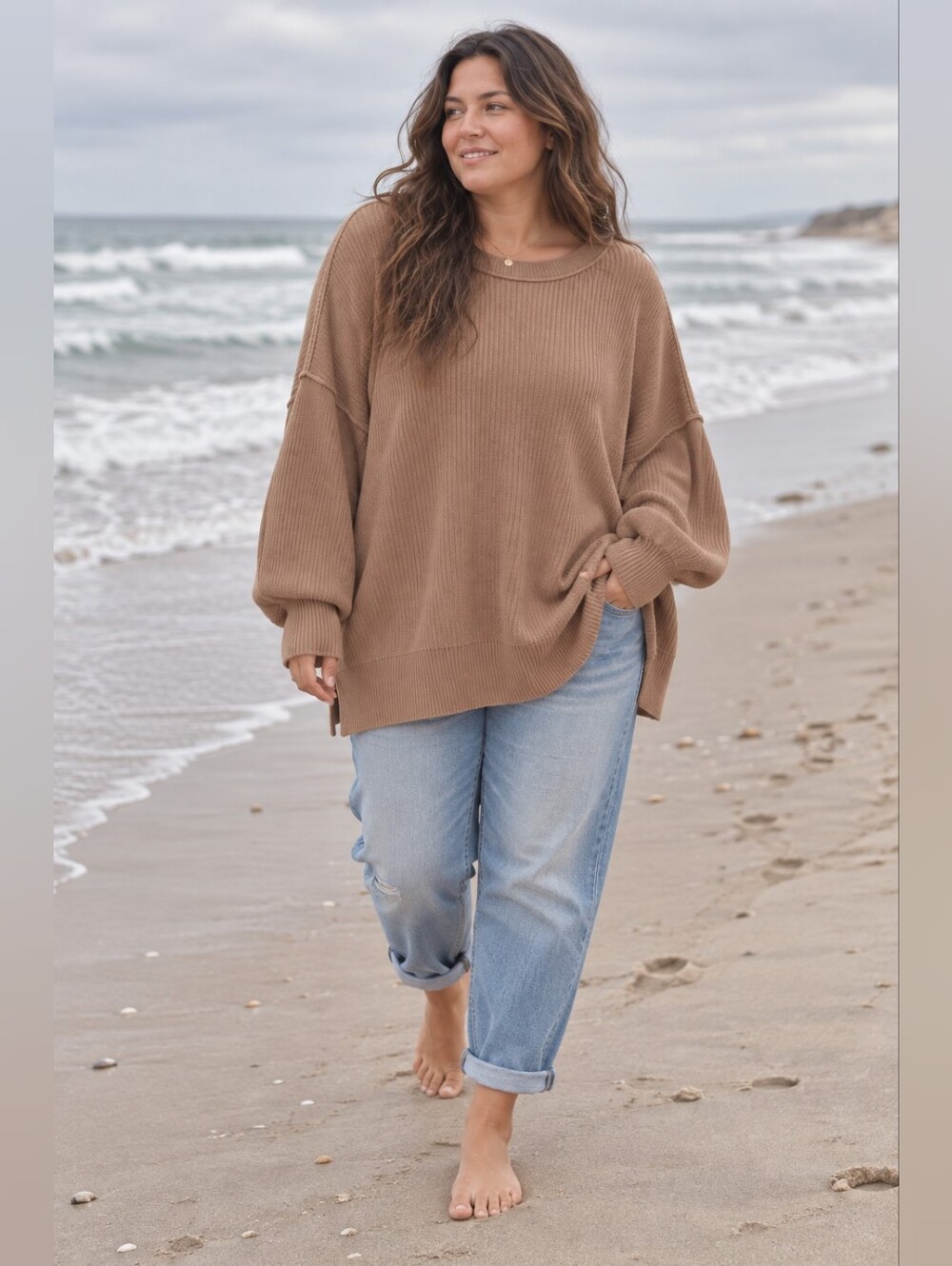 Aerie Beyond Oversized Ribbed Knit Sweater in Cappuccino Coastal Women's XL